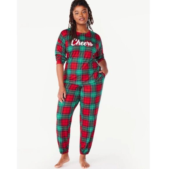 NEW 2Pc 3X 22W-24W Women’s CHEERS Plaid Christmas Pajama Set w/ Pockets - Picture 1 of 3